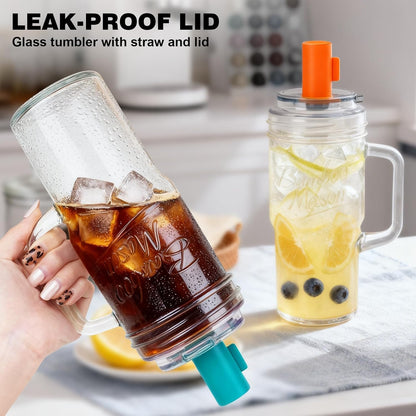 Glass Cups With Lids And Straws, Leakproof Tumbler 24oz Mason Jar Cups, Cap Cup Leak-Proof, Self-Assembly Silicone Straw, Reusable Iced Coffee Smoothie Matcha Cup Aesthetic Coffee Gifts Women