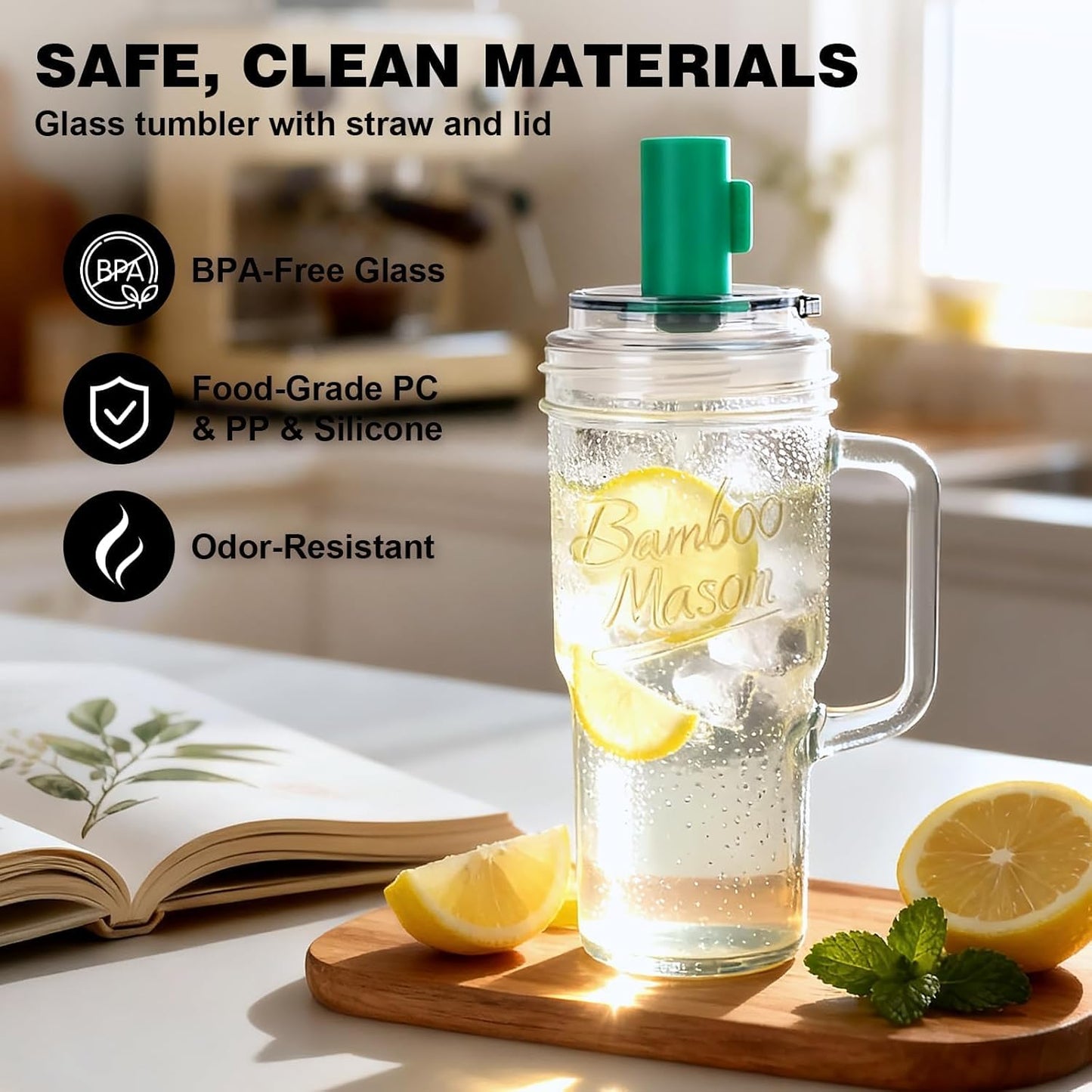 Glass Cups With Lids And Straws, Leakproof Tumbler 24oz Mason Jar Cups, Cap Cup Leak-Proof, Self-Assembly Silicone Straw, Reusable Iced Coffee Smoothie Matcha Cup Aesthetic Coffee Gifts Women