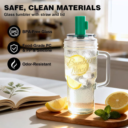 Glass Cups With Lids And Straws, Leakproof Tumbler 24oz Mason Jar Cups, Cap Cup Leak-Proof, Self-Assembly Silicone Straw, Reusable Iced Coffee Smoothie Matcha Cup Aesthetic Coffee Gifts Women