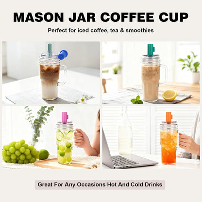 Glass Cups With Lids And Straws, Leakproof Tumbler 24oz Mason Jar Cups, Cap Cup Leak-Proof, Self-Assembly Silicone Straw, Reusable Iced Coffee Smoothie Matcha Cup Aesthetic Coffee Gifts Women