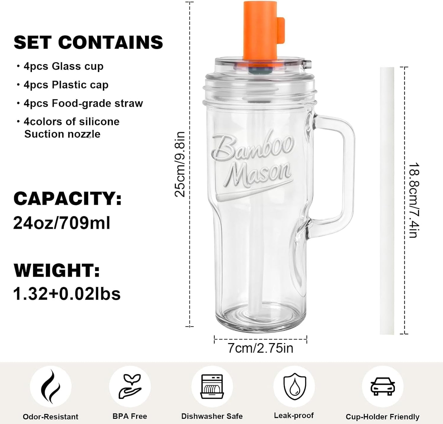Glass Cups With Lids And Straws, Leakproof Tumbler 24oz Mason Jar Cups, Cap Cup Leak-Proof, Self-Assembly Silicone Straw, Reusable Iced Coffee Smoothie Matcha Cup Aesthetic Coffee Gifts Women