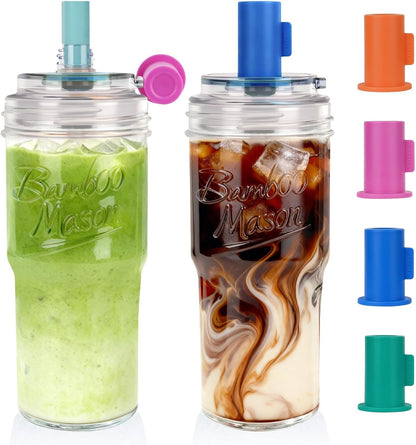 Glass Cups With Lids And Straws, Leakproof Tumbler 24oz Mason Jar Cups, Cap Cup Leak-Proof, Self-Assembly Silicone Straw, Reusable Iced Coffee Smoothie Matcha Cup Aesthetic Coffee Gifts Women