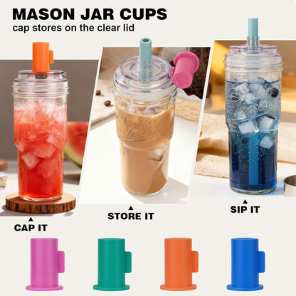Glass Cups With Lids And Straws, Leakproof Tumbler 24oz Mason Jar Cups, Cap Cup Leak-Proof, Self-Assembly Silicone Straw, Reusable Iced Coffee Smoothie Matcha Cup Aesthetic Coffee Gifts Women