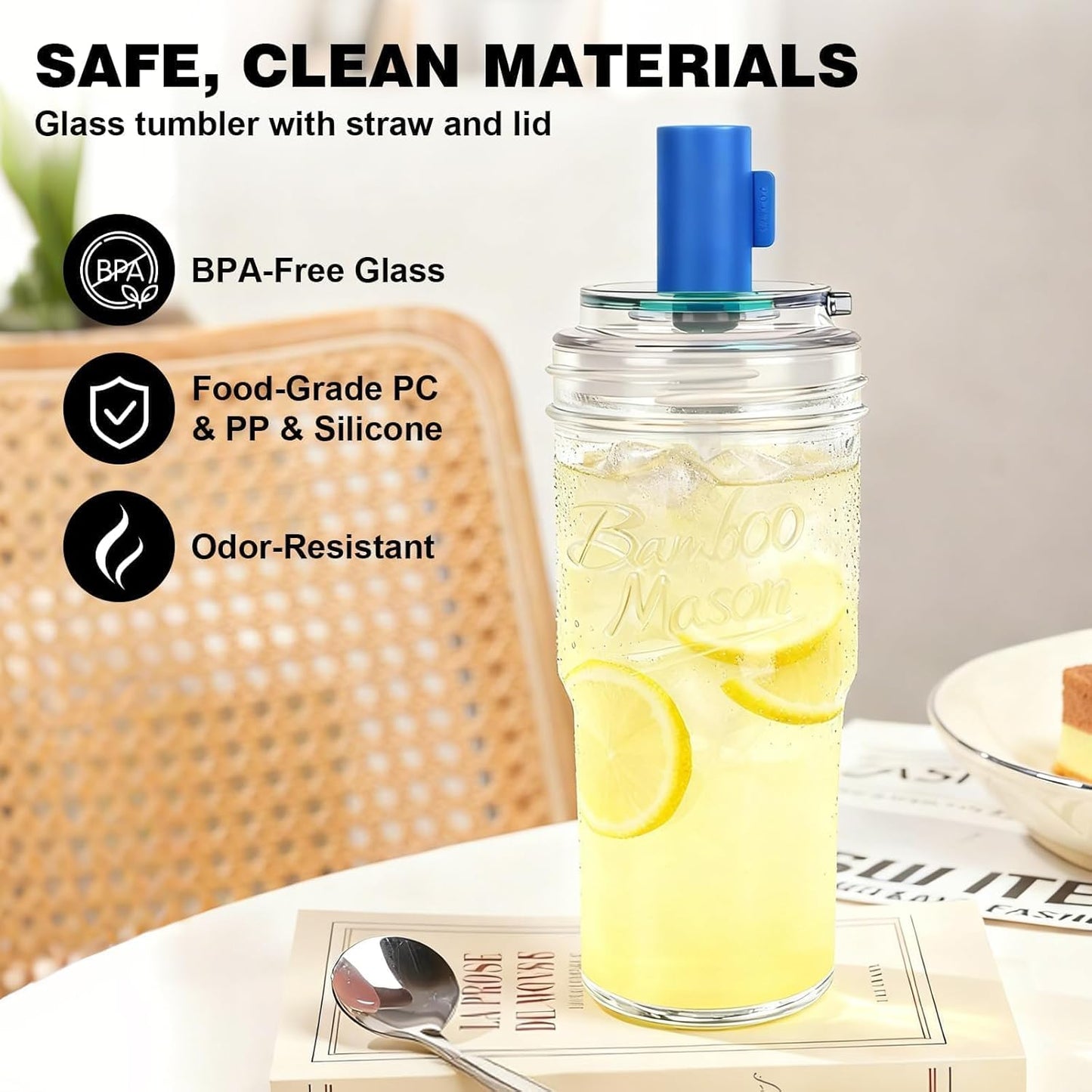 Glass Cups With Lids And Straws, Leakproof Tumbler 24oz Mason Jar Cups, Cap Cup Leak-Proof, Self-Assembly Silicone Straw, Reusable Iced Coffee Smoothie Matcha Cup Aesthetic Coffee Gifts Women