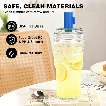 Glass Cups With Lids And Straws, Leakproof Tumbler 24oz Mason Jar Cups, Cap Cup Leak-Proof, Self-Assembly Silicone Straw, Reusable Iced Coffee Smoothie Matcha Cup Aesthetic Coffee Gifts Women