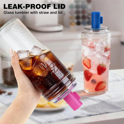 Glass Cups With Lids And Straws, Leakproof Tumbler 24oz Mason Jar Cups, Cap Cup Leak-Proof, Self-Assembly Silicone Straw, Reusable Iced Coffee Smoothie Matcha Cup Aesthetic Coffee Gifts Women
