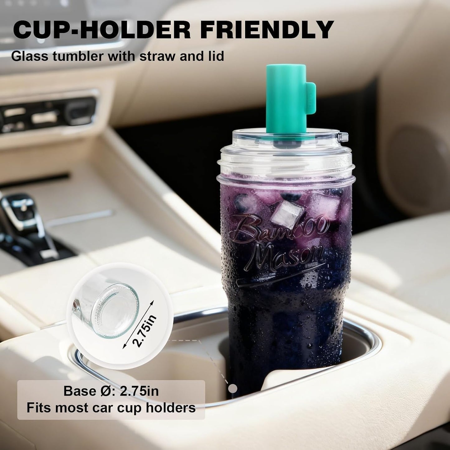 Glass Cups With Lids And Straws, Leakproof Tumbler 24oz Mason Jar Cups, Cap Cup Leak-Proof, Self-Assembly Silicone Straw, Reusable Iced Coffee Smoothie Matcha Cup Aesthetic Coffee Gifts Women