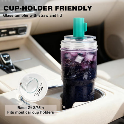 Glass Cups With Lids And Straws, Leakproof Tumbler 24oz Mason Jar Cups, Cap Cup Leak-Proof, Self-Assembly Silicone Straw, Reusable Iced Coffee Smoothie Matcha Cup Aesthetic Coffee Gifts Women