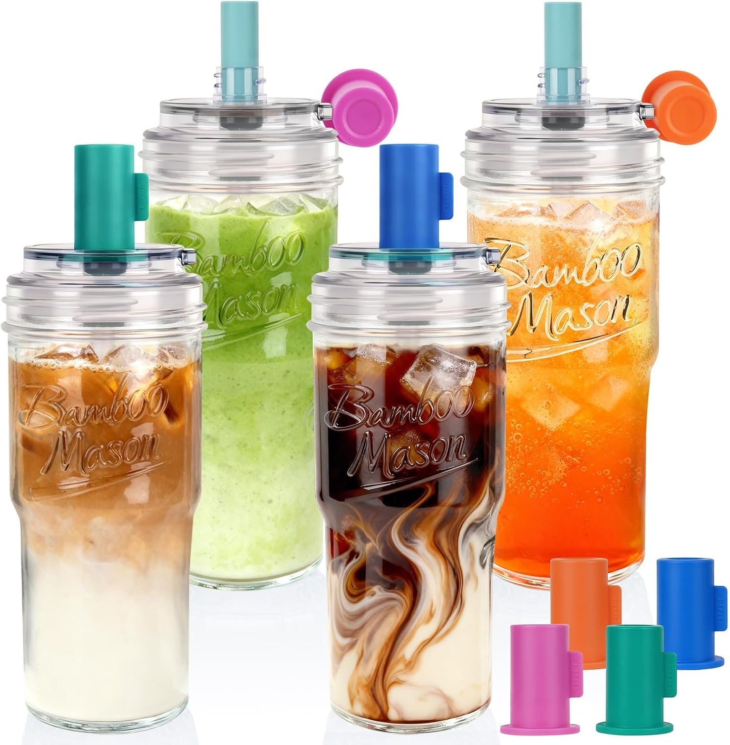Glass Cups With Lids And Straws, Leakproof Tumbler 24oz Mason Jar Cups, Cap Cup Leak-Proof, Self-Assembly Silicone Straw, Reusable Iced Coffee Smoothie Matcha Cup Aesthetic Coffee Gifts Women