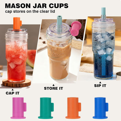 Glass Cups With Lids And Straws, Leakproof Tumbler 24oz Mason Jar Cups, Cap Cup Leak-Proof, Self-Assembly Silicone Straw, Reusable Iced Coffee Smoothie Matcha Cup Aesthetic Coffee Gifts Women
