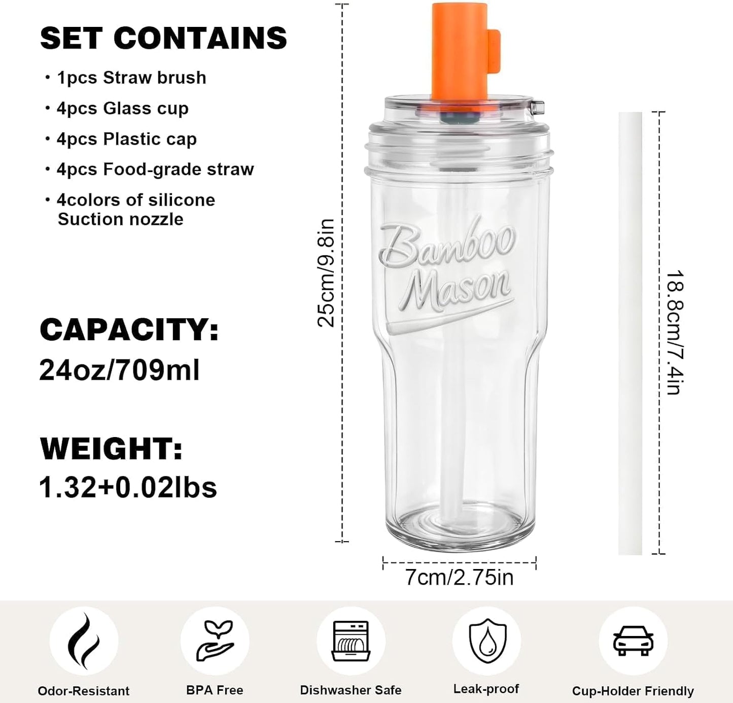 Glass Cups With Lids And Straws, Leakproof Tumbler 24oz Mason Jar Cups, Cap Cup Leak-Proof, Self-Assembly Silicone Straw, Reusable Iced Coffee Smoothie Matcha Cup Aesthetic Coffee Gifts Women