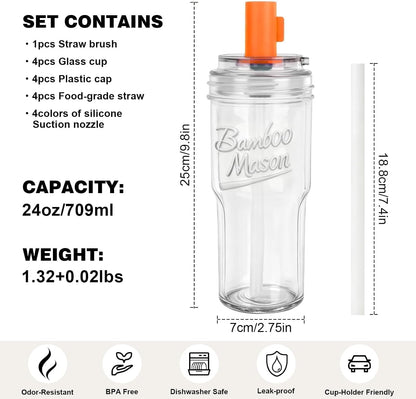 Glass Cups With Lids And Straws, Leakproof Tumbler 24oz Mason Jar Cups, Cap Cup Leak-Proof, Self-Assembly Silicone Straw, Reusable Iced Coffee Smoothie Matcha Cup Aesthetic Coffee Gifts Women