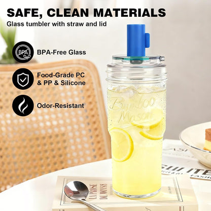 Glass Cups With Lids And Straws, Leakproof Tumbler 24oz Mason Jar Cups, Cap Cup Leak-Proof, Self-Assembly Silicone Straw, Reusable Iced Coffee Smoothie Matcha Cup Aesthetic Coffee Gifts Women