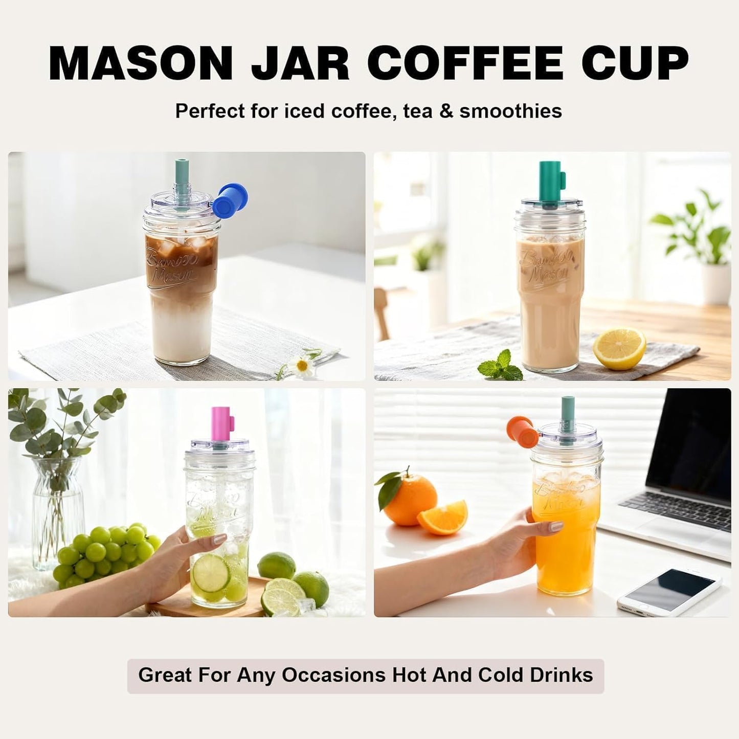 Glass Cups With Lids And Straws, Leakproof Tumbler 24oz Mason Jar Cups, Cap Cup Leak-Proof, Self-Assembly Silicone Straw, Reusable Iced Coffee Smoothie Matcha Cup Aesthetic Coffee Gifts Women