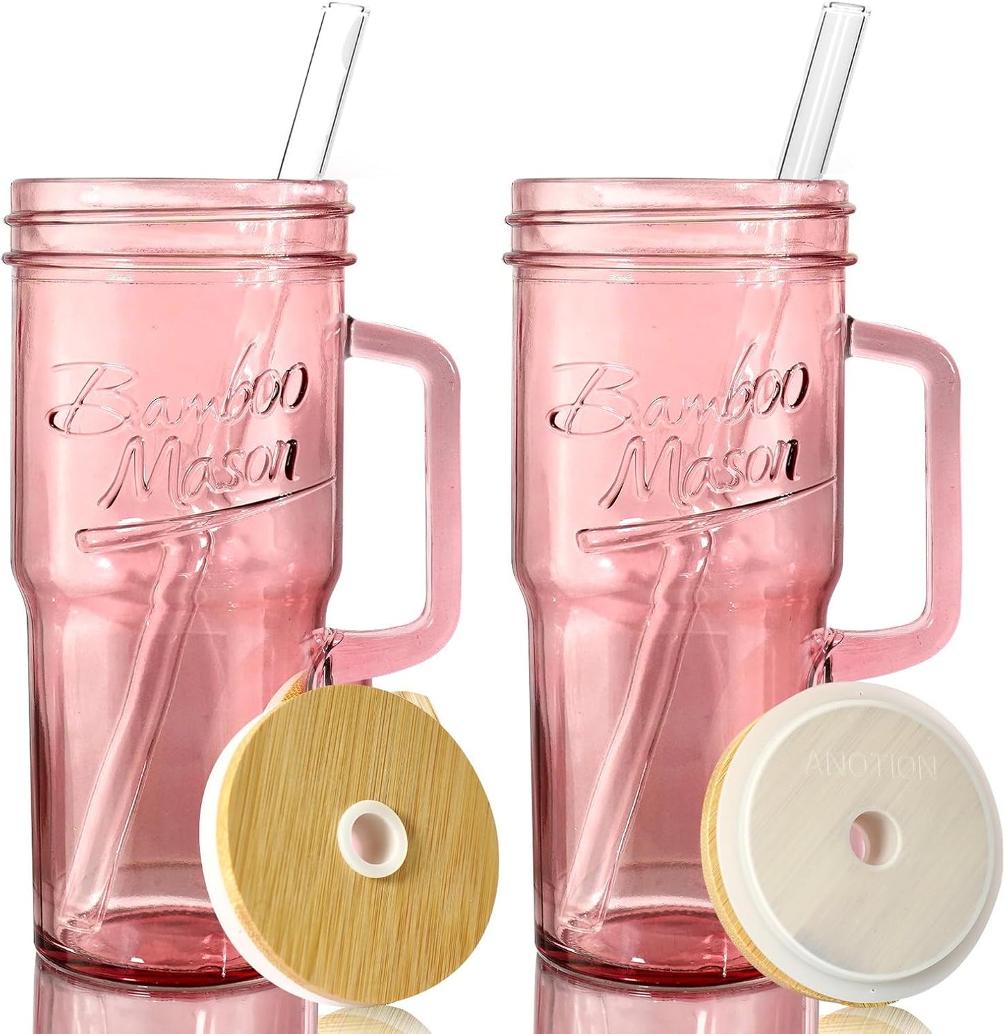 Glass Cups With Lids And Straws, Leakproof Tumbler 24oz Mason Jar Cups, Cap Cup Leak-Proof, Self-Assembly Silicone Straw, Reusable Iced Coffee Smoothie Matcha Cup Aesthetic Coffee Gifts Women