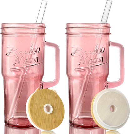 Glass Cups With Lids And Straws, Leakproof Tumbler 24oz Mason Jar Cups, Cap Cup Leak-Proof, Self-Assembly Silicone Straw, Reusable Iced Coffee Smoothie Matcha Cup Aesthetic Coffee Gifts Women