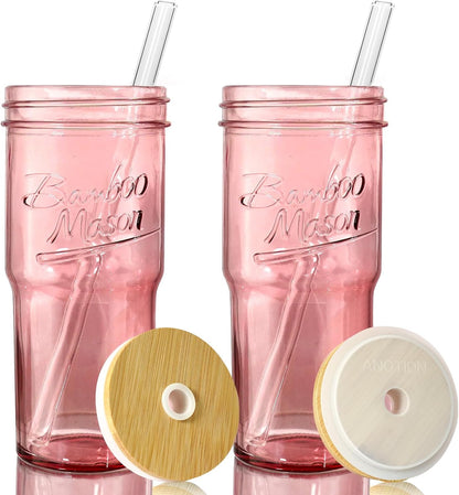 Glass Cups With Lids And Straws, Leakproof Tumbler 24oz Mason Jar Cups, Cap Cup Leak-Proof, Self-Assembly Silicone Straw, Reusable Iced Coffee Smoothie Matcha Cup Aesthetic Coffee Gifts Women