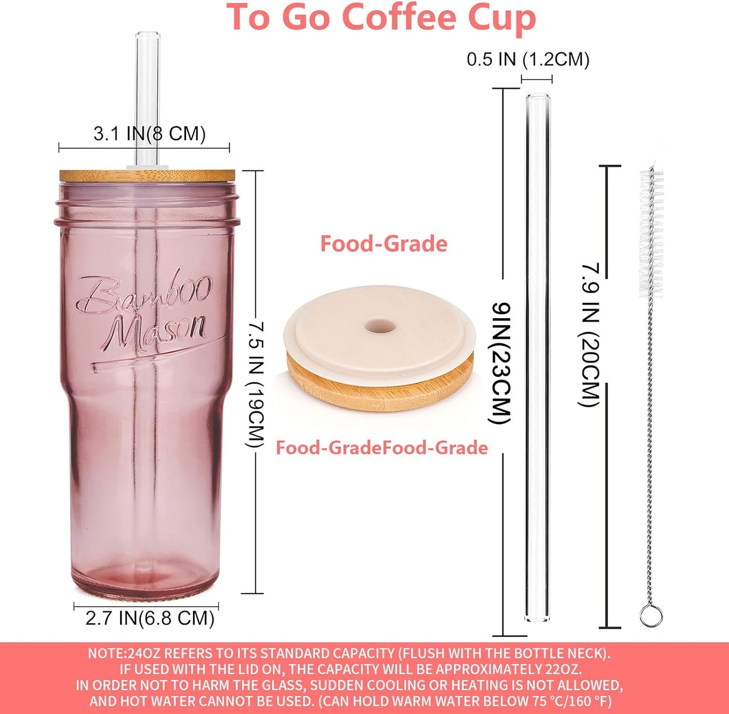 Glass Cups With Lids And Straws, Leakproof Tumbler 24oz Mason Jar Cups, Cap Cup Leak-Proof, Self-Assembly Silicone Straw, Reusable Iced Coffee Smoothie Matcha Cup Aesthetic Coffee Gifts Women
