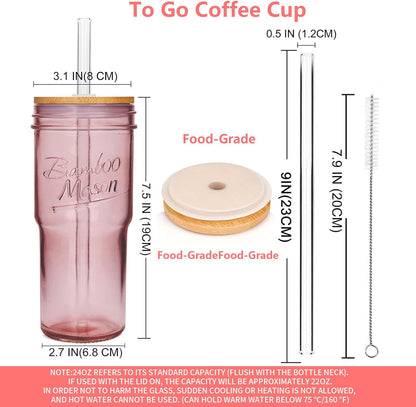 Glass Cups With Lids And Straws, Leakproof Tumbler 24oz Mason Jar Cups, Cap Cup Leak-Proof, Self-Assembly Silicone Straw, Reusable Iced Coffee Smoothie Matcha Cup Aesthetic Coffee Gifts Women