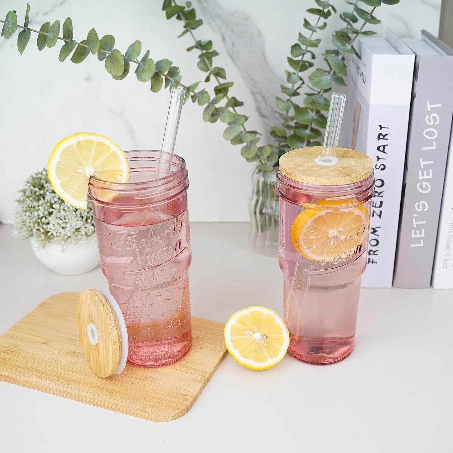 Glass Cups With Lids And Straws, Leakproof Tumbler 24oz Mason Jar Cups, Cap Cup Leak-Proof, Self-Assembly Silicone Straw, Reusable Iced Coffee Smoothie Matcha Cup Aesthetic Coffee Gifts Women
