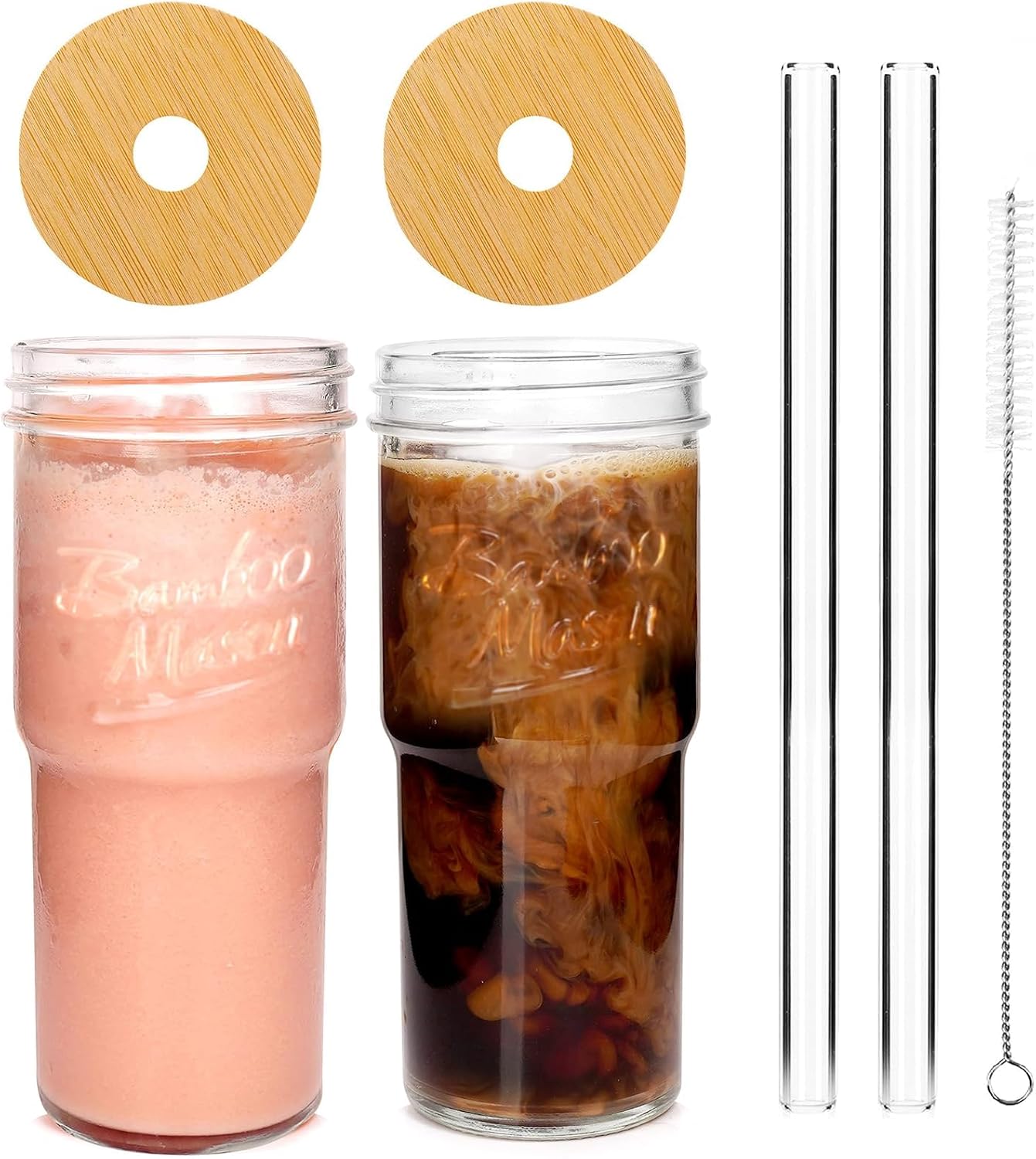 Glass Cups With Lids And Straws, Leakproof Tumbler 24oz Mason Jar Cups, Cap Cup Leak-Proof, Self-Assembly Silicone Straw, Reusable Iced Coffee Smoothie Matcha Cup Aesthetic Coffee Gifts Women