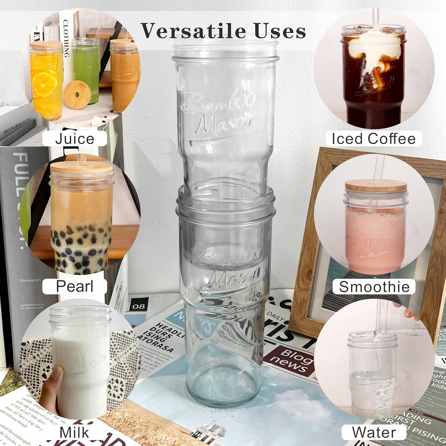 Glass Cups With Lids And Straws, Leakproof Tumbler 24oz Mason Jar Cups, Cap Cup Leak-Proof, Self-Assembly Silicone Straw, Reusable Iced Coffee Smoothie Matcha Cup Aesthetic Coffee Gifts Women
