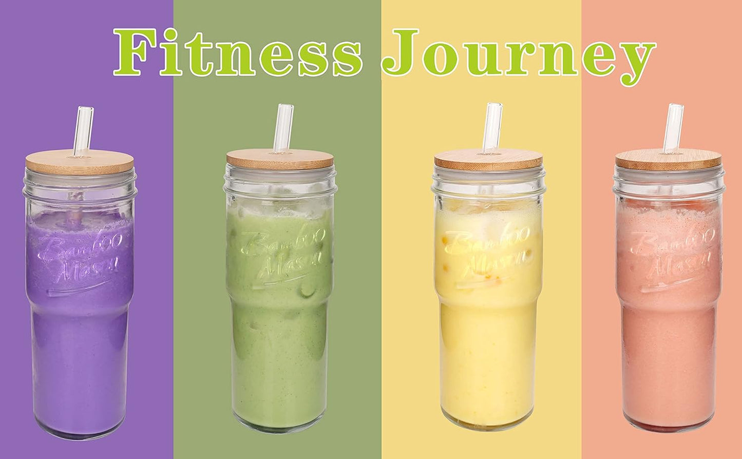 Glass Cups With Lids And Straws, Leakproof Tumbler 24oz Mason Jar Cups, Cap Cup Leak-Proof, Self-Assembly Silicone Straw, Reusable Iced Coffee Smoothie Matcha Cup Aesthetic Coffee Gifts Women