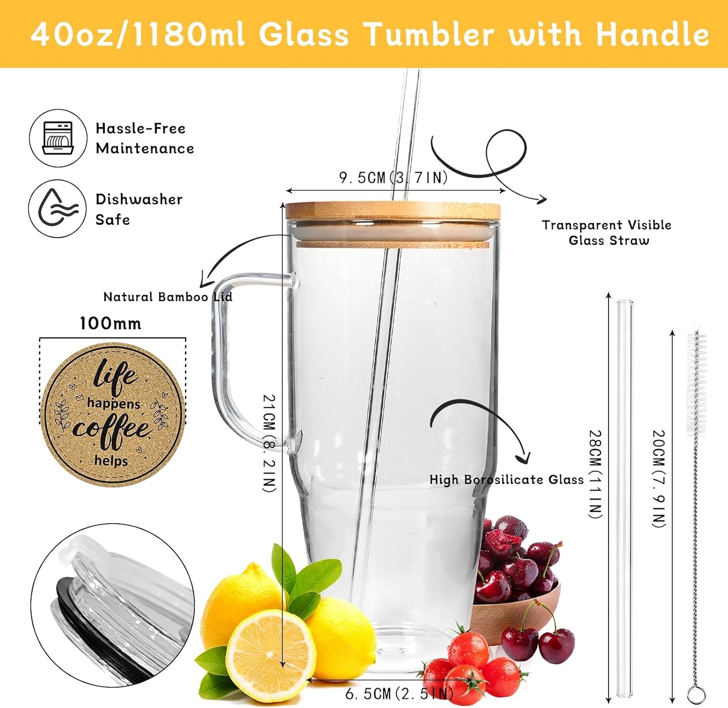 Glass Cups With Lids And Straws, Leakproof Tumbler 24oz Mason Jar Cups, Cap Cup Leak-Proof, Self-Assembly Silicone Straw, Reusable Iced Coffee Smoothie Matcha Cup Aesthetic Coffee Gifts Women