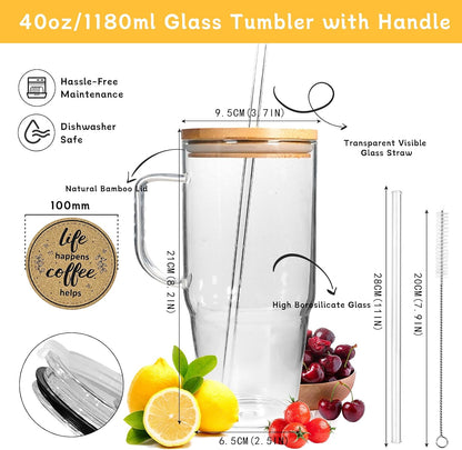 Glass Cups With Lids And Straws, Leakproof Tumbler 24oz Mason Jar Cups, Cap Cup Leak-Proof, Self-Assembly Silicone Straw, Reusable Iced Coffee Smoothie Matcha Cup Aesthetic Coffee Gifts Women