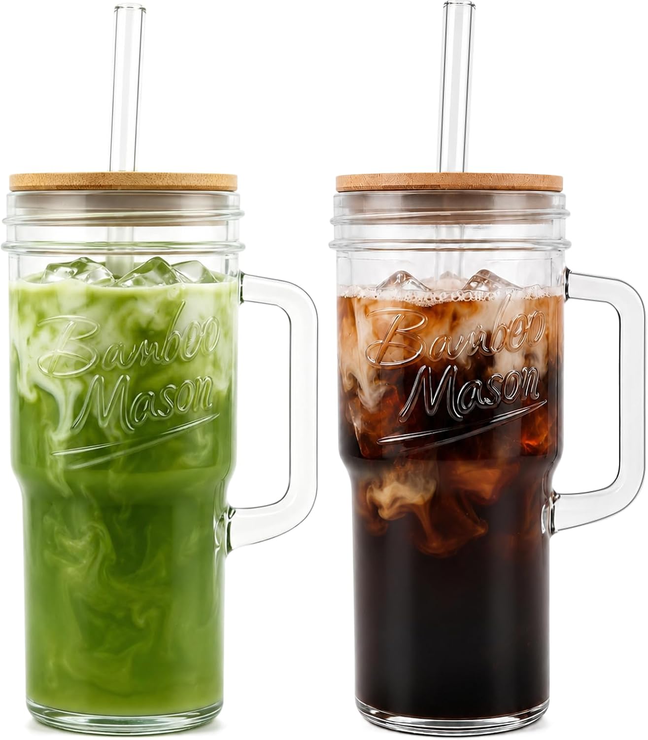 Glass Cups With Lids And Straws, Leakproof Tumbler 24oz Mason Jar Cups, Cap Cup Leak-Proof, Self-Assembly Silicone Straw, Reusable Iced Coffee Smoothie Matcha Cup Aesthetic Coffee Gifts Women
