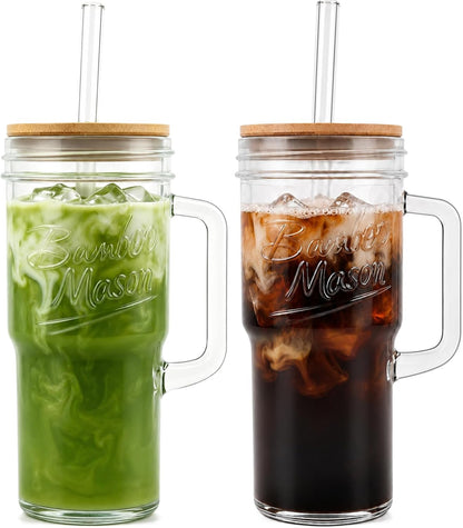Glass Cups With Lids And Straws, Leakproof Tumbler 24oz Mason Jar Cups, Cap Cup Leak-Proof, Self-Assembly Silicone Straw, Reusable Iced Coffee Smoothie Matcha Cup Aesthetic Coffee Gifts Women