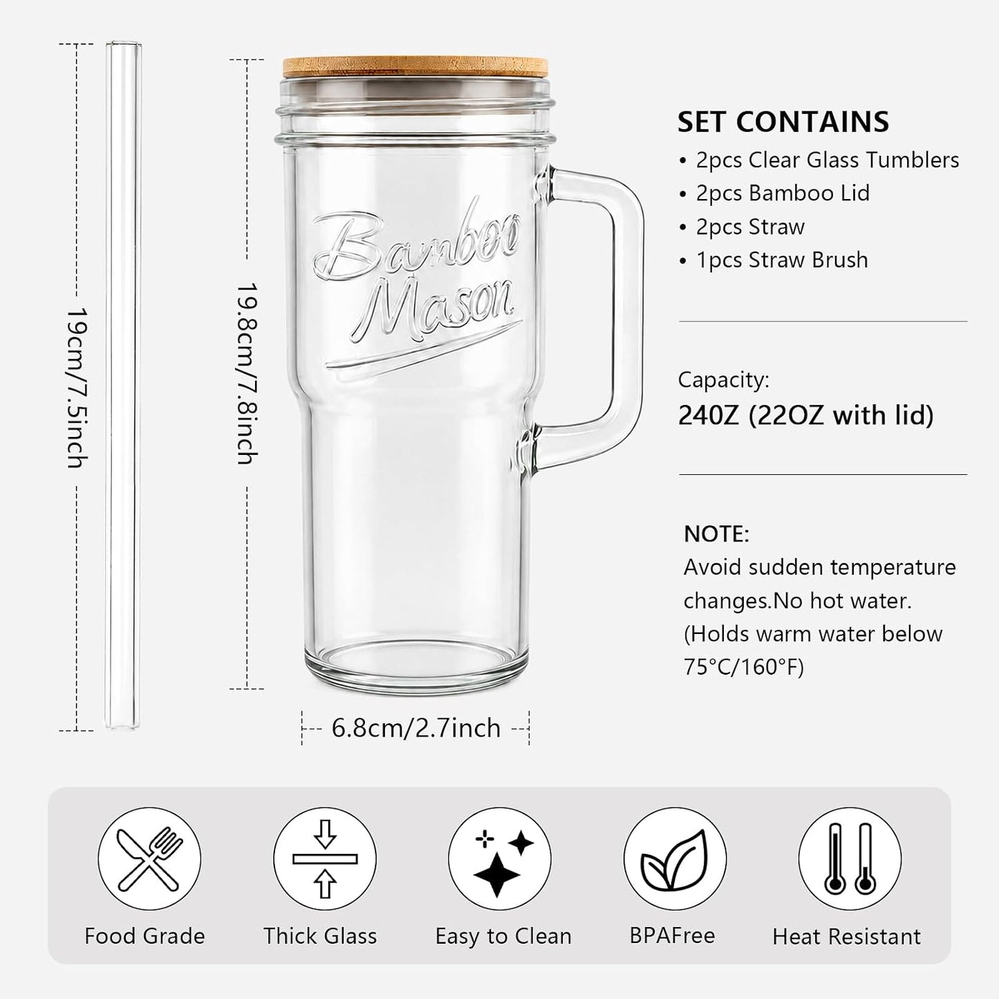Glass Cups With Lids And Straws, Leakproof Tumbler 24oz Mason Jar Cups, Cap Cup Leak-Proof, Self-Assembly Silicone Straw, Reusable Iced Coffee Smoothie Matcha Cup Aesthetic Coffee Gifts Women