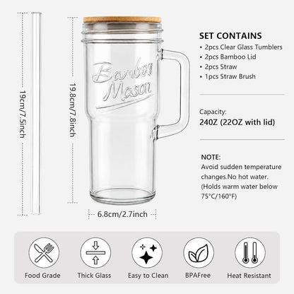 Glass Cups With Lids And Straws, Leakproof Tumbler 24oz Mason Jar Cups, Cap Cup Leak-Proof, Self-Assembly Silicone Straw, Reusable Iced Coffee Smoothie Matcha Cup Aesthetic Coffee Gifts Women