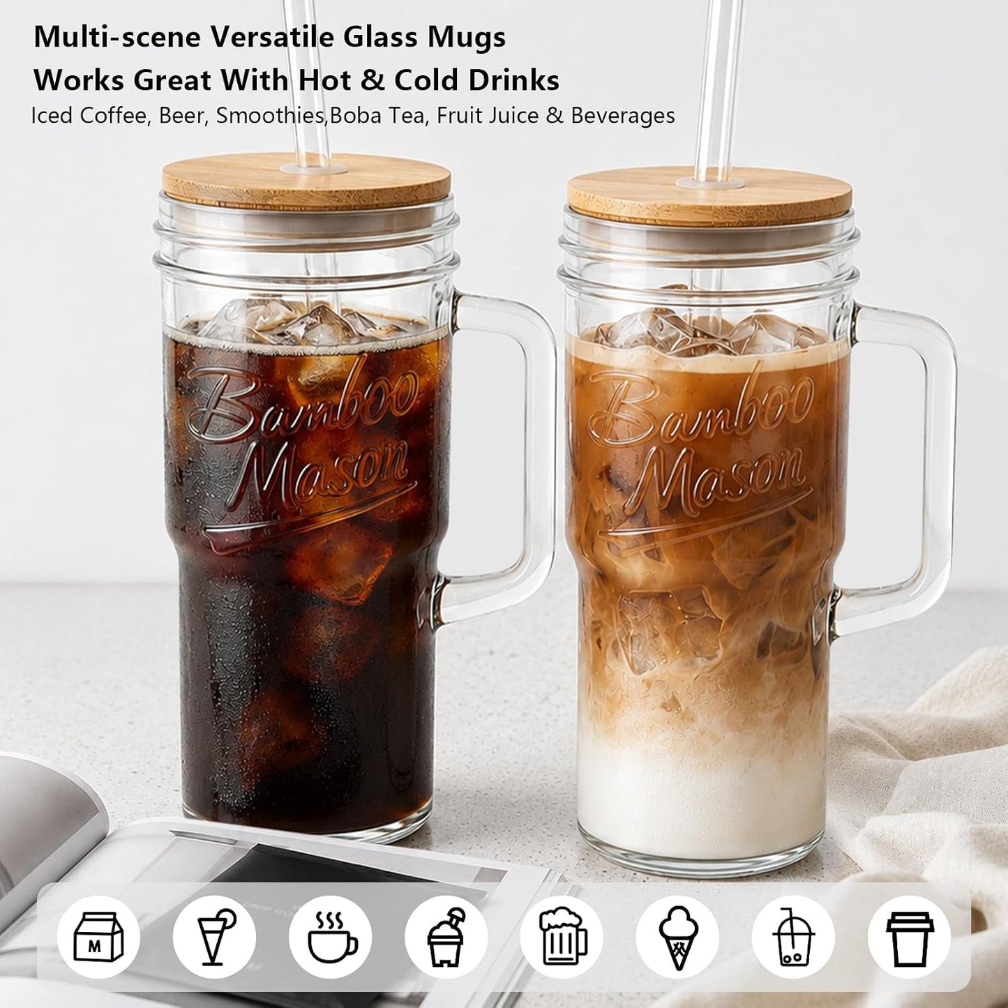 Glass Cups With Lids And Straws, Leakproof Tumbler 24oz Mason Jar Cups, Cap Cup Leak-Proof, Self-Assembly Silicone Straw, Reusable Iced Coffee Smoothie Matcha Cup Aesthetic Coffee Gifts Women