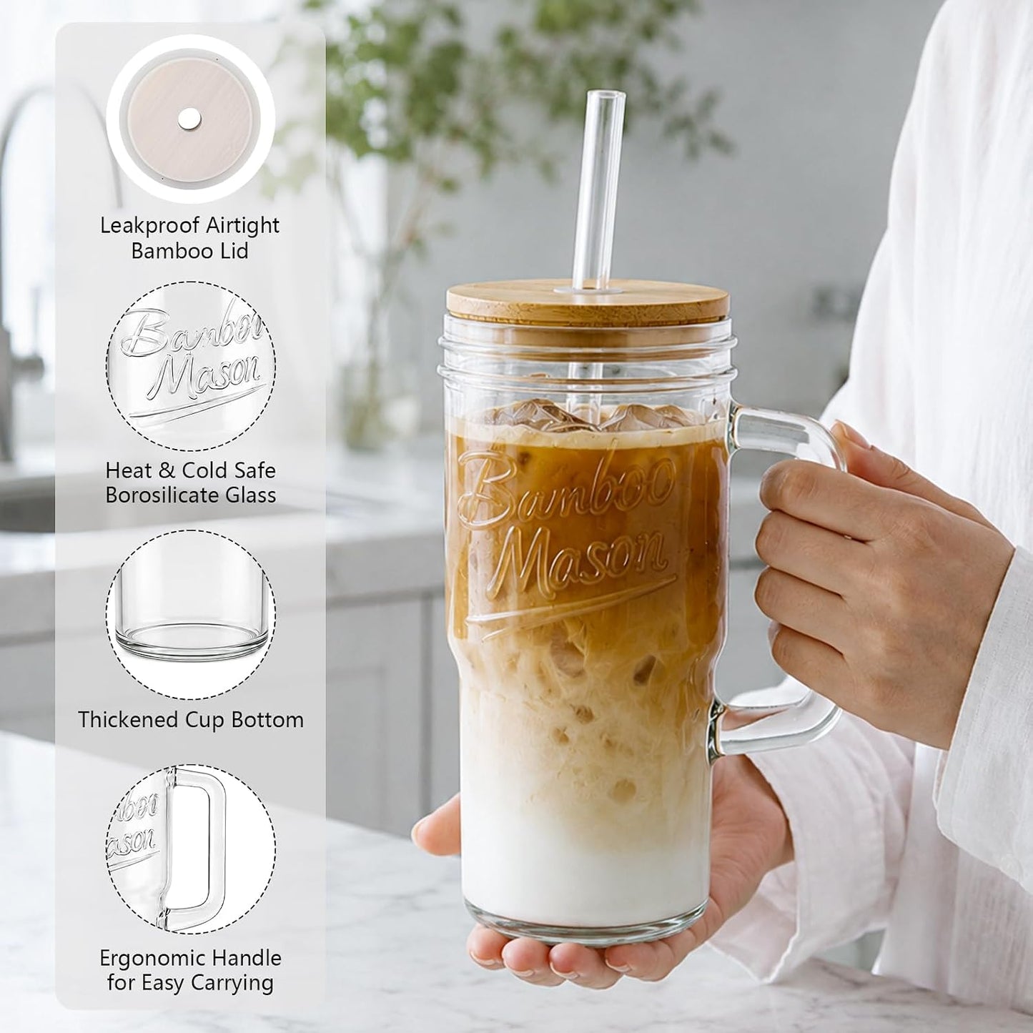 Glass Cups With Lids And Straws, Leakproof Tumbler 24oz Mason Jar Cups, Cap Cup Leak-Proof, Self-Assembly Silicone Straw, Reusable Iced Coffee Smoothie Matcha Cup Aesthetic Coffee Gifts Women