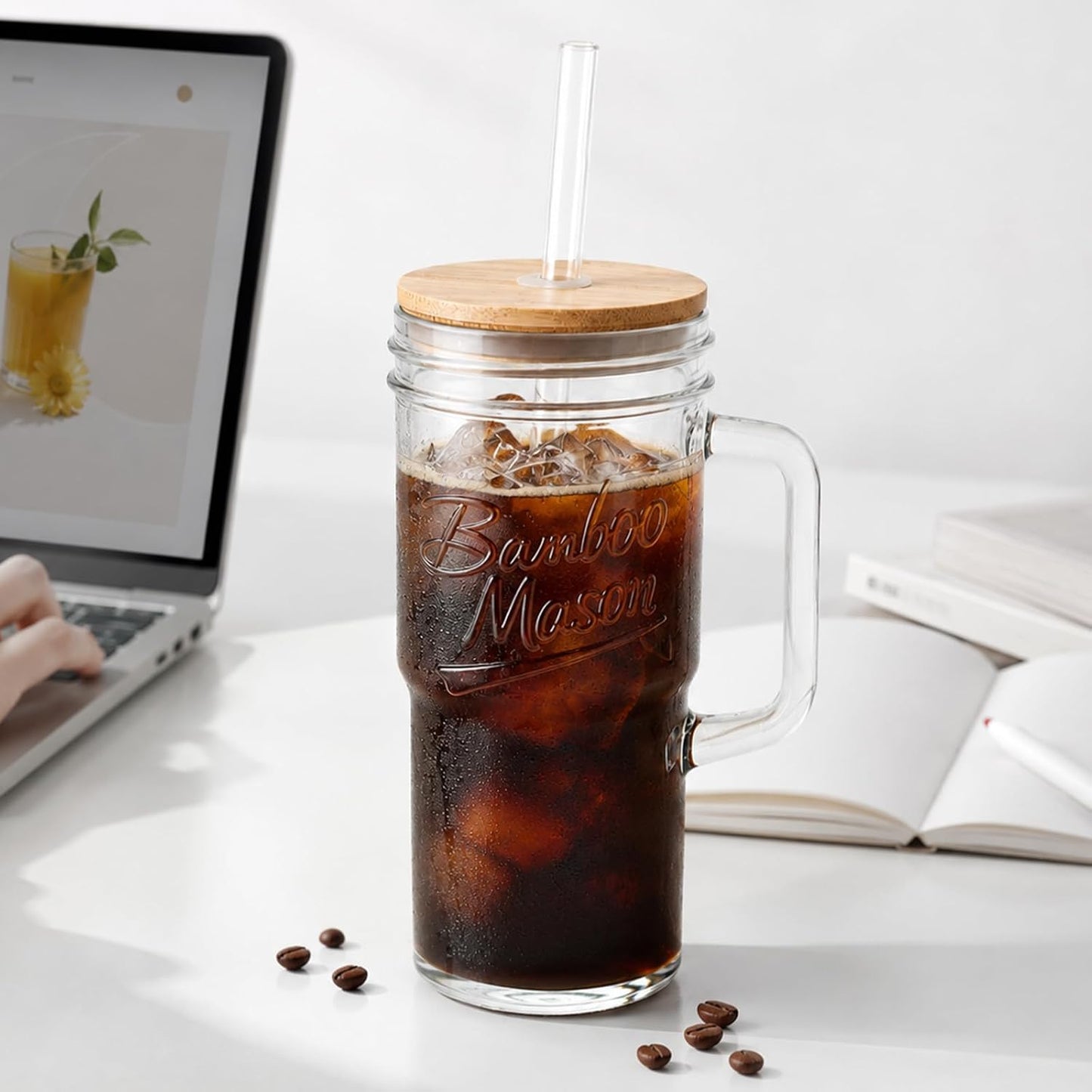 Glass Cups With Lids And Straws, Leakproof Tumbler 24oz Mason Jar Cups, Cap Cup Leak-Proof, Self-Assembly Silicone Straw, Reusable Iced Coffee Smoothie Matcha Cup Aesthetic Coffee Gifts Women