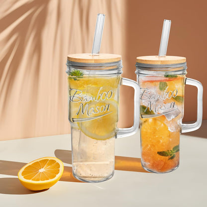 Glass Cups With Lids And Straws, Leakproof Tumbler 24oz Mason Jar Cups, Cap Cup Leak-Proof, Self-Assembly Silicone Straw, Reusable Iced Coffee Smoothie Matcha Cup Aesthetic Coffee Gifts Women