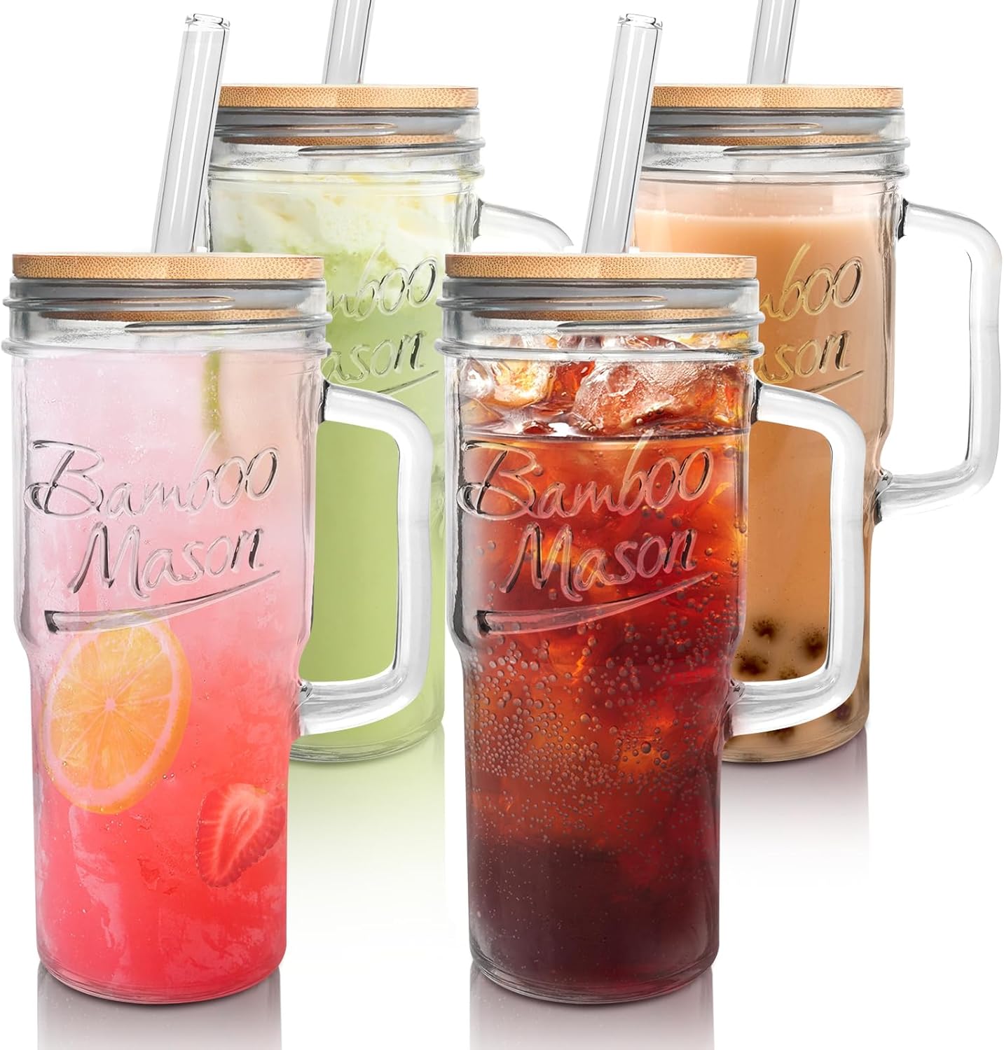 Glass Cups With Lids And Straws, Leakproof Tumbler 24oz Mason Jar Cups, Cap Cup Leak-Proof, Self-Assembly Silicone Straw, Reusable Iced Coffee Smoothie Matcha Cup Aesthetic Coffee Gifts Women