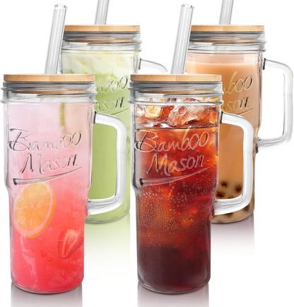 Glass Cups With Lids And Straws, Leakproof Tumbler 24oz Mason Jar Cups, Cap Cup Leak-Proof, Self-Assembly Silicone Straw, Reusable Iced Coffee Smoothie Matcha Cup Aesthetic Coffee Gifts Women