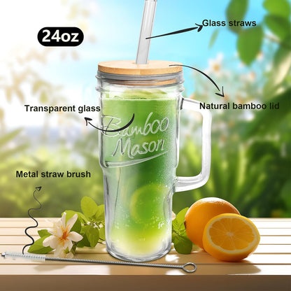 Glass Cups With Lids And Straws, Leakproof Tumbler 24oz Mason Jar Cups, Cap Cup Leak-Proof, Self-Assembly Silicone Straw, Reusable Iced Coffee Smoothie Matcha Cup Aesthetic Coffee Gifts Women