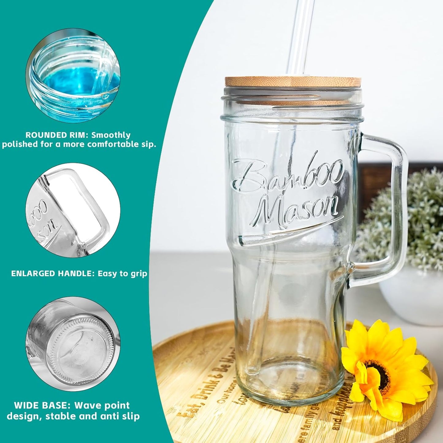 Glass Cups With Lids And Straws, Leakproof Tumbler 24oz Mason Jar Cups, Cap Cup Leak-Proof, Self-Assembly Silicone Straw, Reusable Iced Coffee Smoothie Matcha Cup Aesthetic Coffee Gifts Women