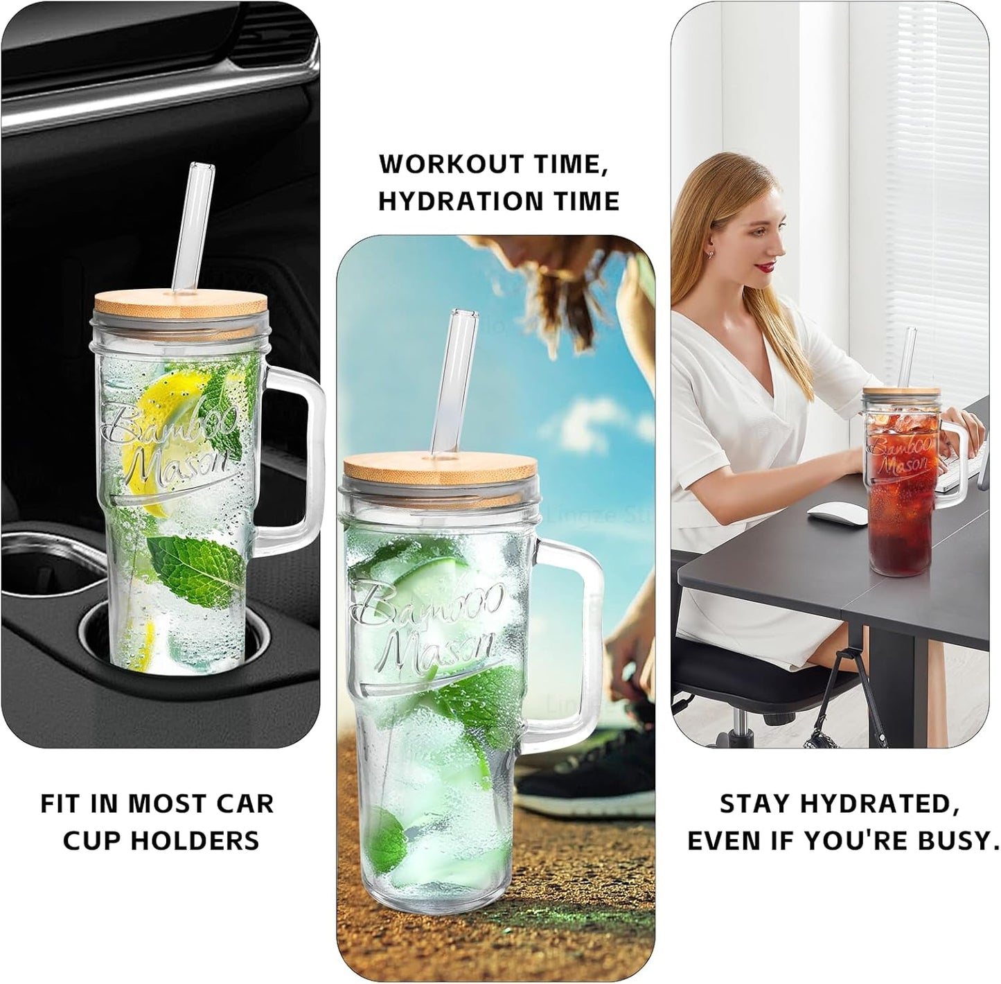 Glass Cups With Lids And Straws, Leakproof Tumbler 24oz Mason Jar Cups, Cap Cup Leak-Proof, Self-Assembly Silicone Straw, Reusable Iced Coffee Smoothie Matcha Cup Aesthetic Coffee Gifts Women