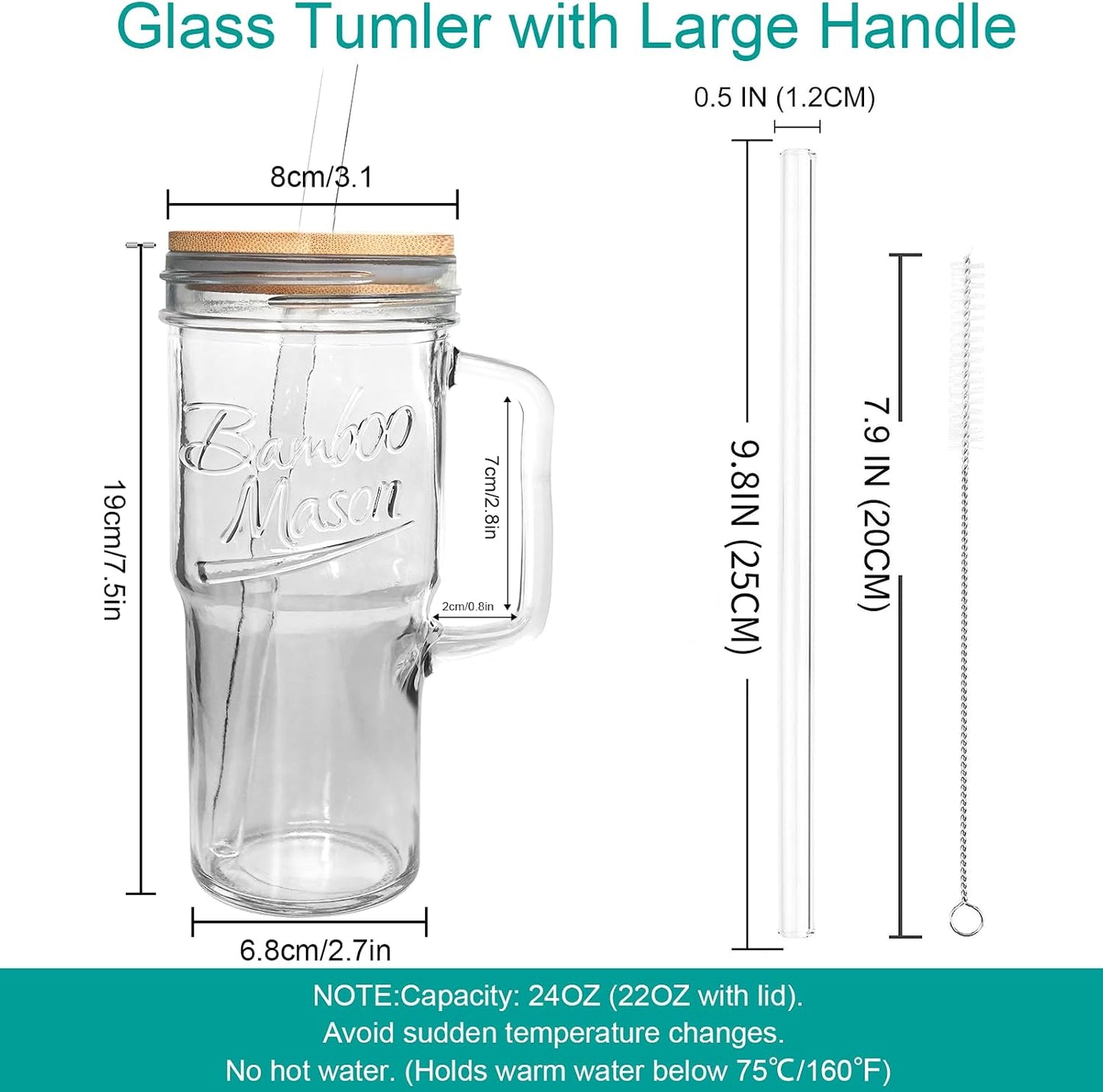 Glass Cups With Lids And Straws, Leakproof Tumbler 24oz Mason Jar Cups, Cap Cup Leak-Proof, Self-Assembly Silicone Straw, Reusable Iced Coffee Smoothie Matcha Cup Aesthetic Coffee Gifts Women