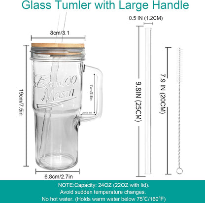 Glass Cups With Lids And Straws, Leakproof Tumbler 24oz Mason Jar Cups, Cap Cup Leak-Proof, Self-Assembly Silicone Straw, Reusable Iced Coffee Smoothie Matcha Cup Aesthetic Coffee Gifts Women