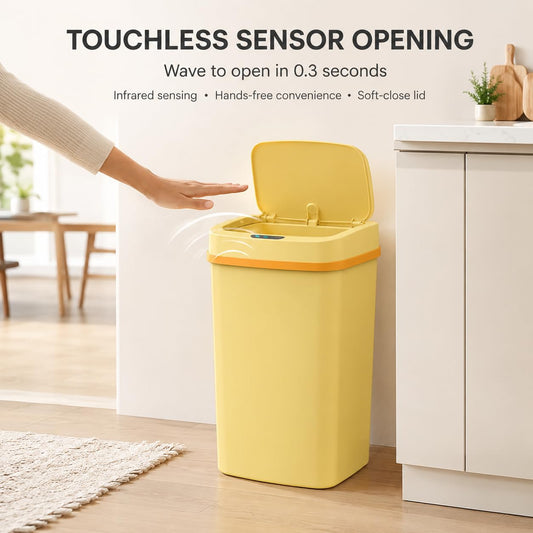 15L Smart Diaper Pail with Motion Sensor Lid | Touchless Hands-Free Baby Diaper Trash Can | Double Locking Seal | Slim Space-Saving Design | Quiet & Durable (Yellow)