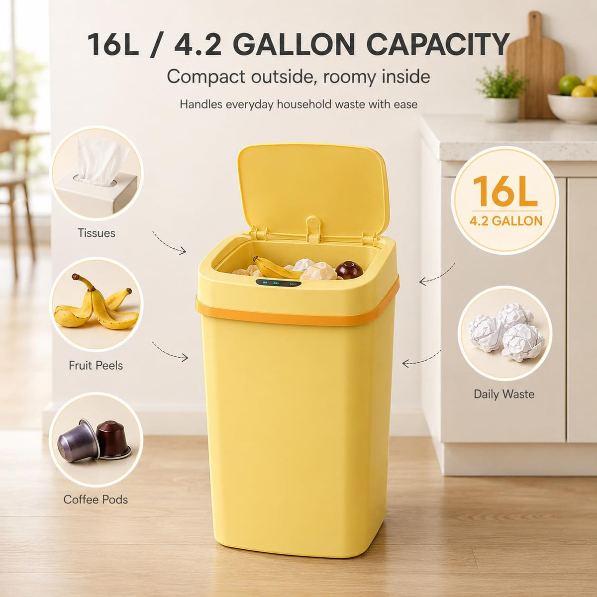15L Smart Diaper Pail with Motion Sensor Lid | Touchless Hands-Free Baby Diaper Trash Can | Double Locking Seal | Slim Space-Saving Design | Quiet & Durable (Yellow)