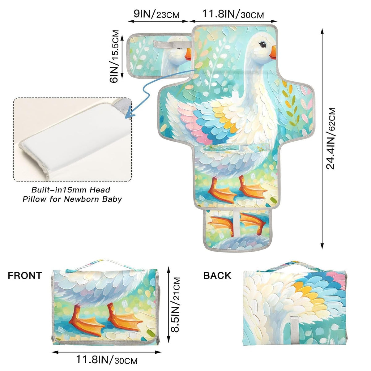 Goose Portable Diaper Changing Pad, Waterproof Baby Changing Mat with Storage Pocket & Built-in Pillow, Foldable Travel Pad, Newborn Gift Set for Boy Girl