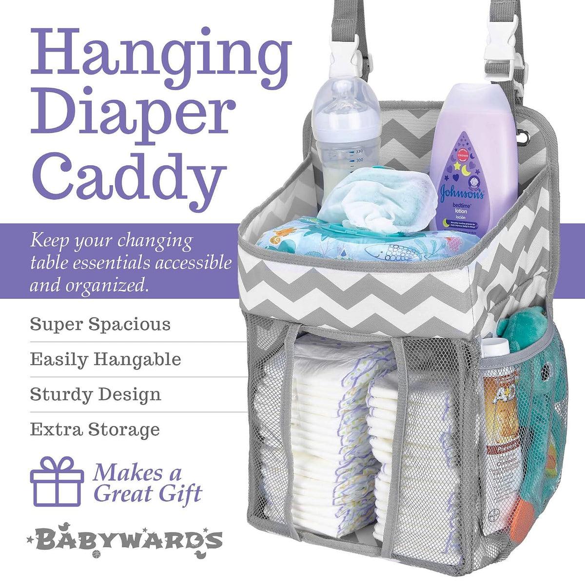 Hanging Diaper Caddy Organizer - Large Nursery Storage for Essential Newborn Baby Items - 2 Compartments, 3 Mesh Pockets - Durable Hooks to Hang on Bassinet, Changing Table, Crib