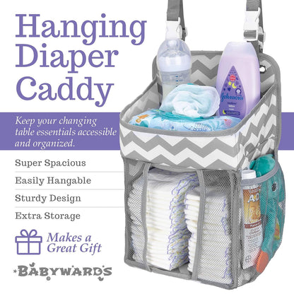Hanging Diaper Caddy Organizer - Large Nursery Storage for Essential Newborn Baby Items - 2 Compartments, 3 Mesh Pockets - Durable Hooks to Hang on Bassinet, Changing Table, Crib