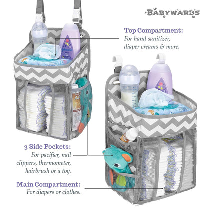 Hanging Diaper Caddy Organizer - Large Nursery Storage for Essential Newborn Baby Items - 2 Compartments, 3 Mesh Pockets - Durable Hooks to Hang on Bassinet, Changing Table, Crib